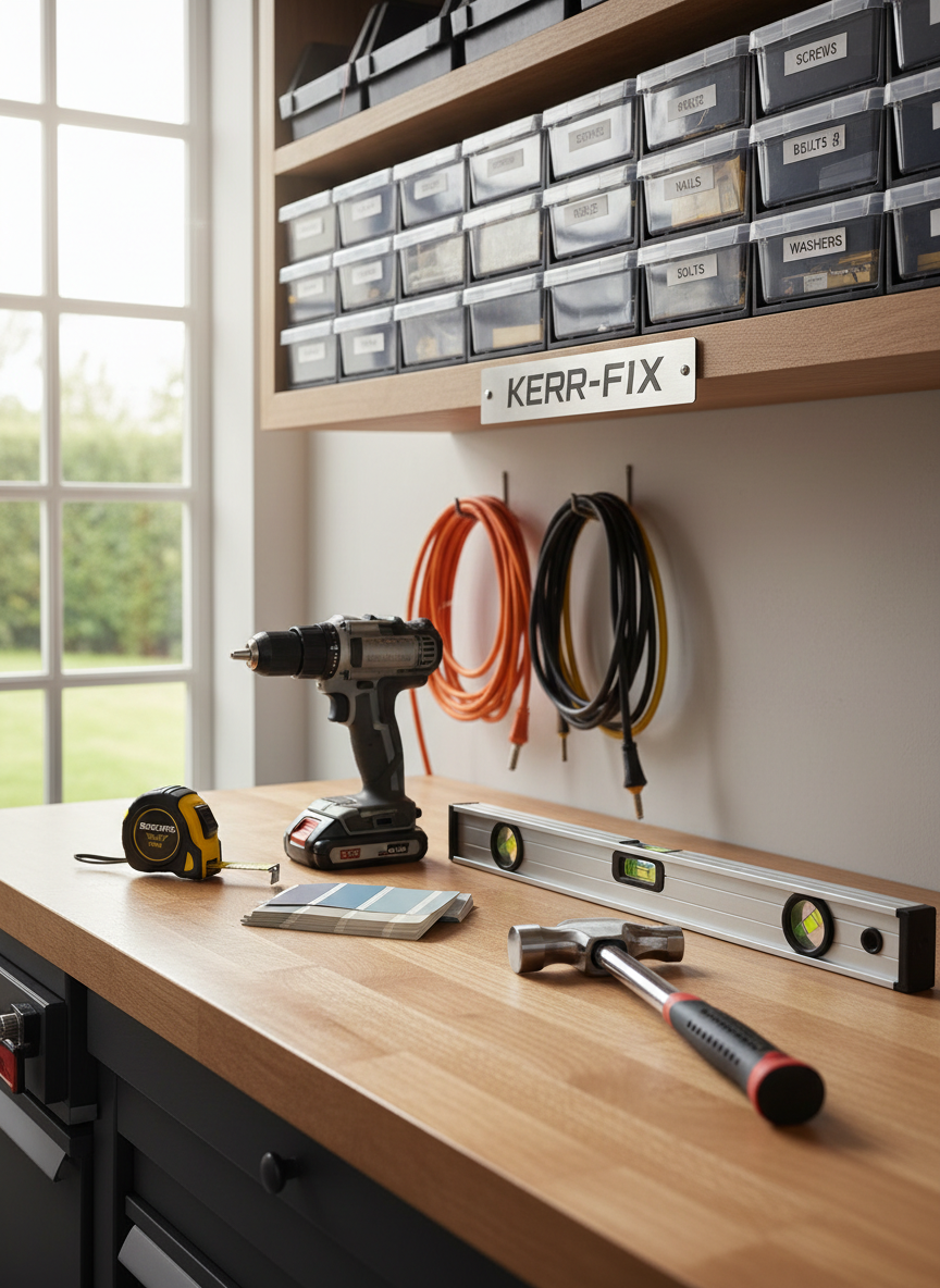 A neatly organized handyman workbench showcasing the Kerr-Fix brand, with a clean, natural wood surface and a carefully arranged selection of modern tools: a brushed steel cordless drill, bright yellow and black tape measure, neatly stacked paint chips, a sleek level, and a polished hammer with a rubberized grip. Behind the bench, built-in shelving holds labeled plastic bins and neatly coiled extension cords. Soft daylight from a nearby garage window creates gentle highlights on metal edges and soft, realistic shadows. Photographic realism, eye-level composition with sharp focus throughout, conveying reliability, professionalism, and readiness for any home repair job in a clean, uncluttered setting.