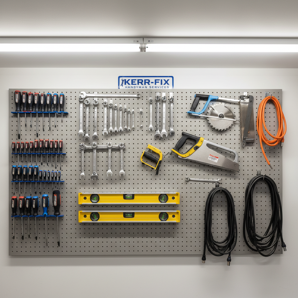 An organized wall of home repair tools in a professional handyman’s garage, with pegboard painted a neutral light gray and every tool perfectly placed: neatly aligned screwdrivers, polished wrenches, levels, saws, and neatly hung extension cords. Each item is clean and in excellent condition, with color-coordinated handles in muted reds, blues, and blacks. Overhead fluorescent lights provide bright, even illumination, creating crisp, realistic shadows and sharp detail on every surface. Photographic realism, shot straight on at eye level with the wall filling the frame, giving a sense of order, reliability, and the readiness of Kerr-Fix Handyman Services to tackle any home repair or improvement project.