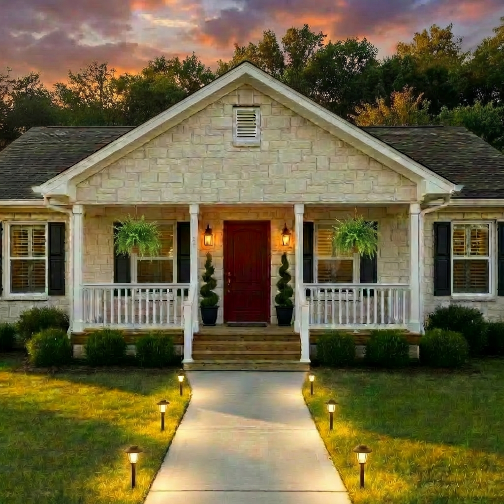 handyman services A freshly repaired suburban home exterior in Kerrville style, featuring a well-maintained single-story stone house with crisp white trim, perfectly aligned gutters, and a newly repaired wooden front porch railing. The lawn is neatly edged, with trimmed shrubs and a swept concrete walkway leading to a solid front door with flawless hardware. Warm late-afternoon sunlight casts a golden, realistic glow across the stone façade, emphasizing clean lines and subtle textures. Captured from a slightly elevated angle with a wide lens, the composition highlights the full front of the home, creating a calm, welcoming, and professional mood that reflects reliable handyman services and meticulous attention to detail.